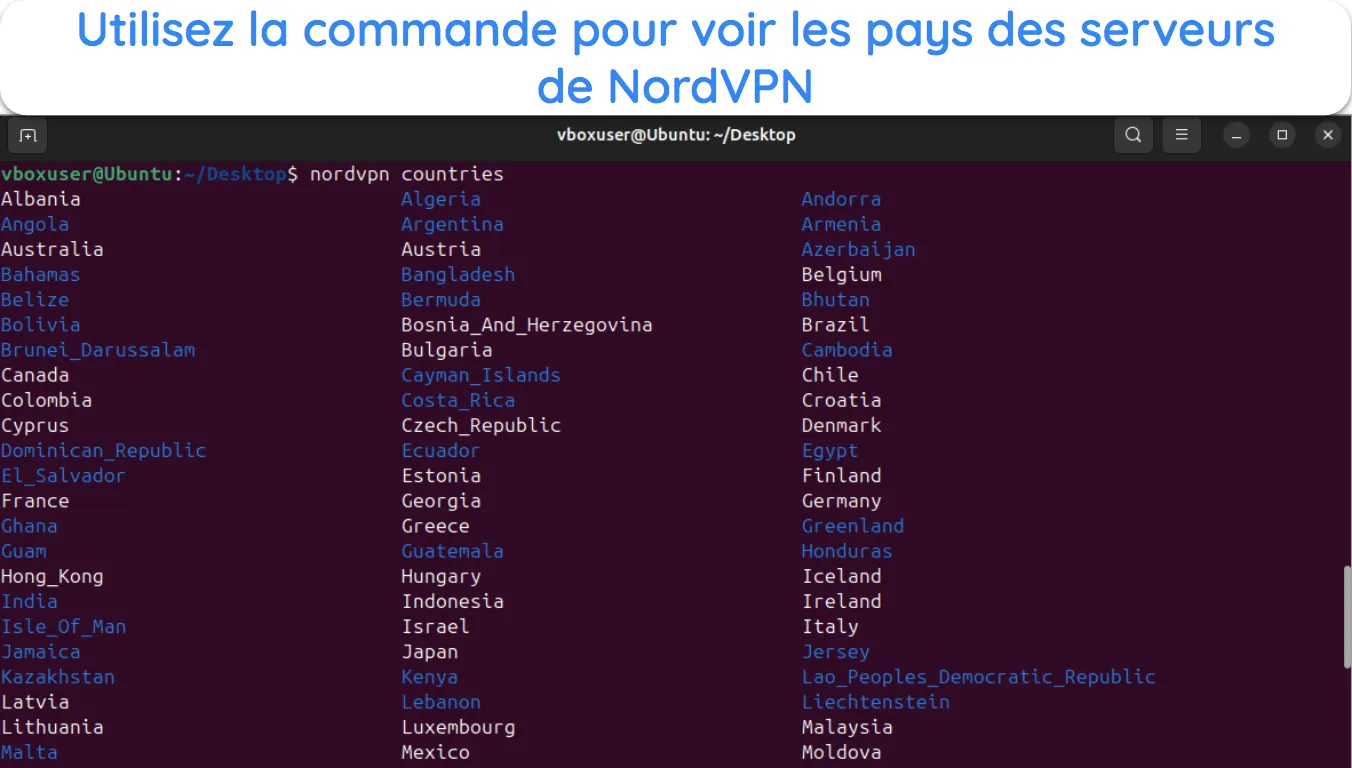 Capture d'écran montrant comment voir tous les pays de serveurs NordVPN disponibles sous Linux.