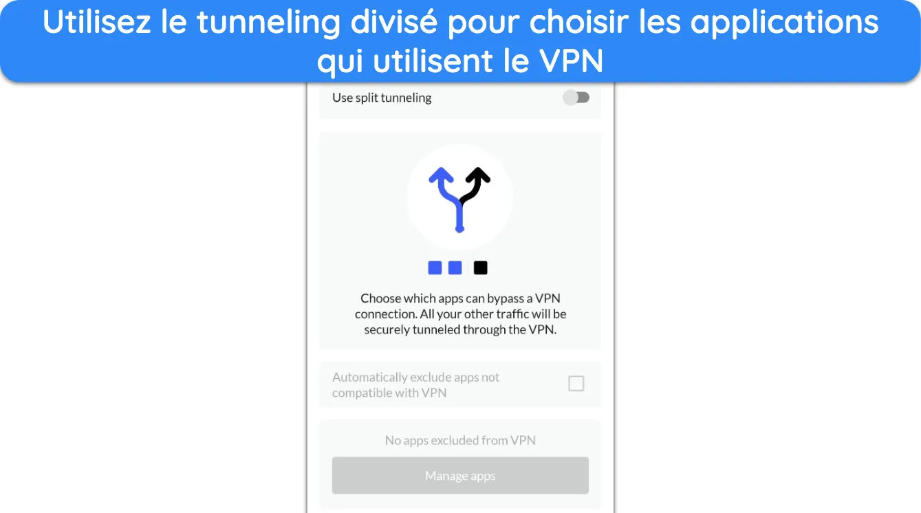 Capture d'écran montrant la fonction de tunneling fractionné dans l'application Android de NordVPN.