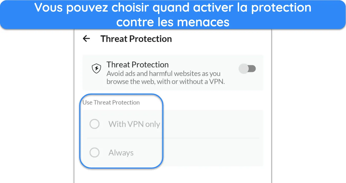 Capture d'écran montrant les options de personnalisation de la protection contre les menaces dans l'application Android de NordVPN.