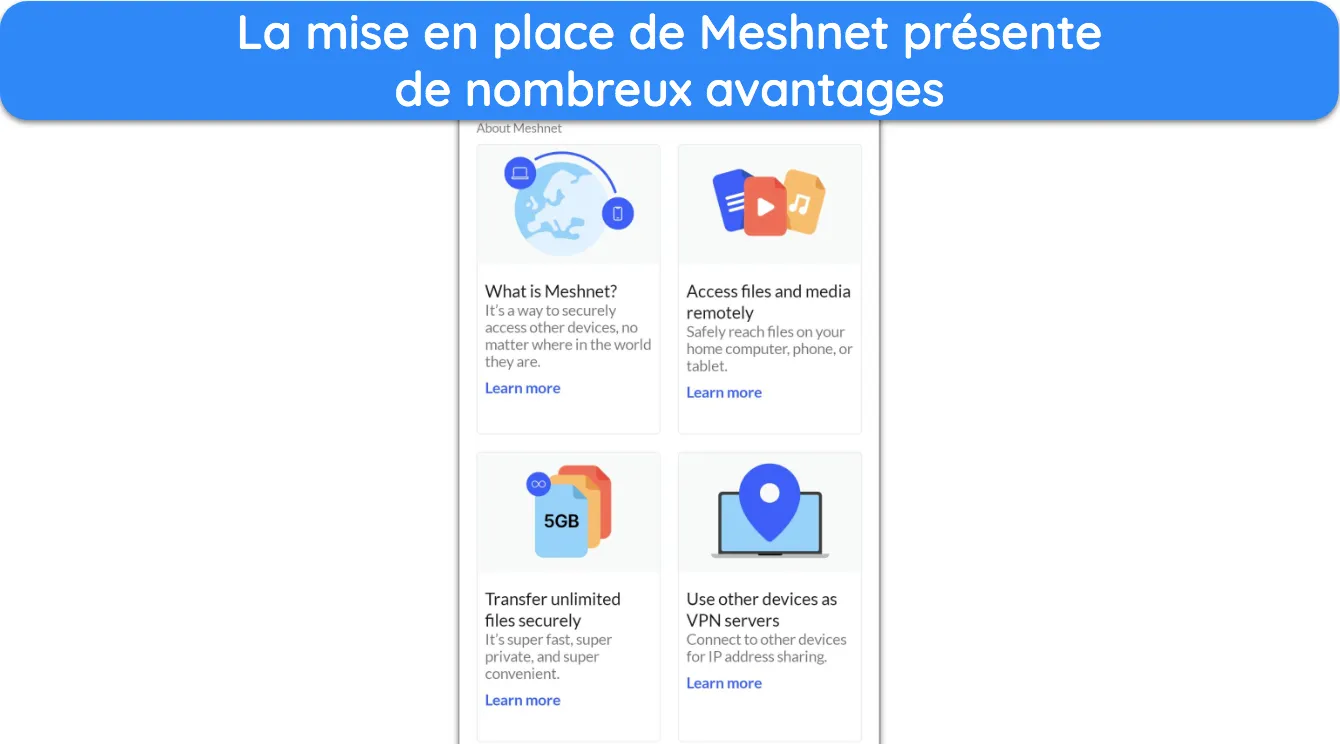 Capture d'écran montrant les avantages de la fonction Meshnet de NordVPN.