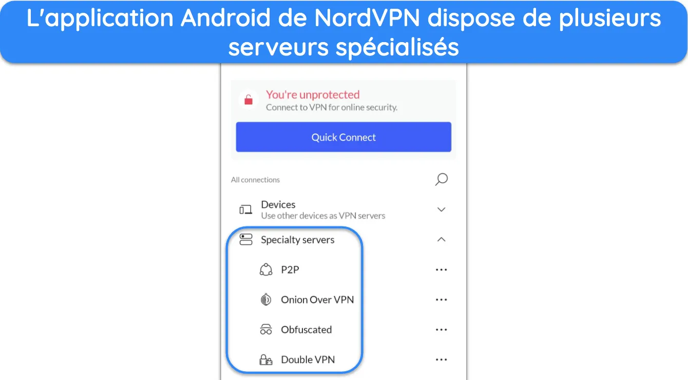 Capture d'écran montrant les serveurs spécialisés disponibles dans l'application Android de NordVPN.