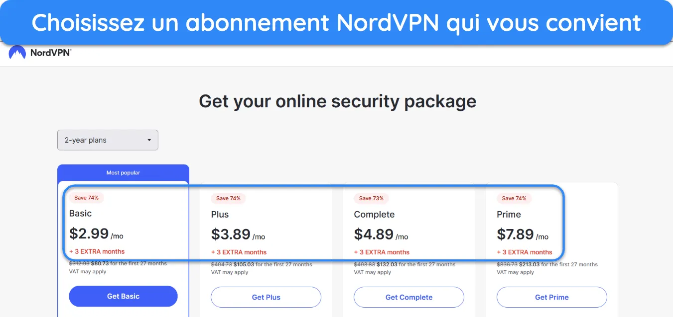 Capture d'écran montrant comment choisir un abonnement NordVPN.