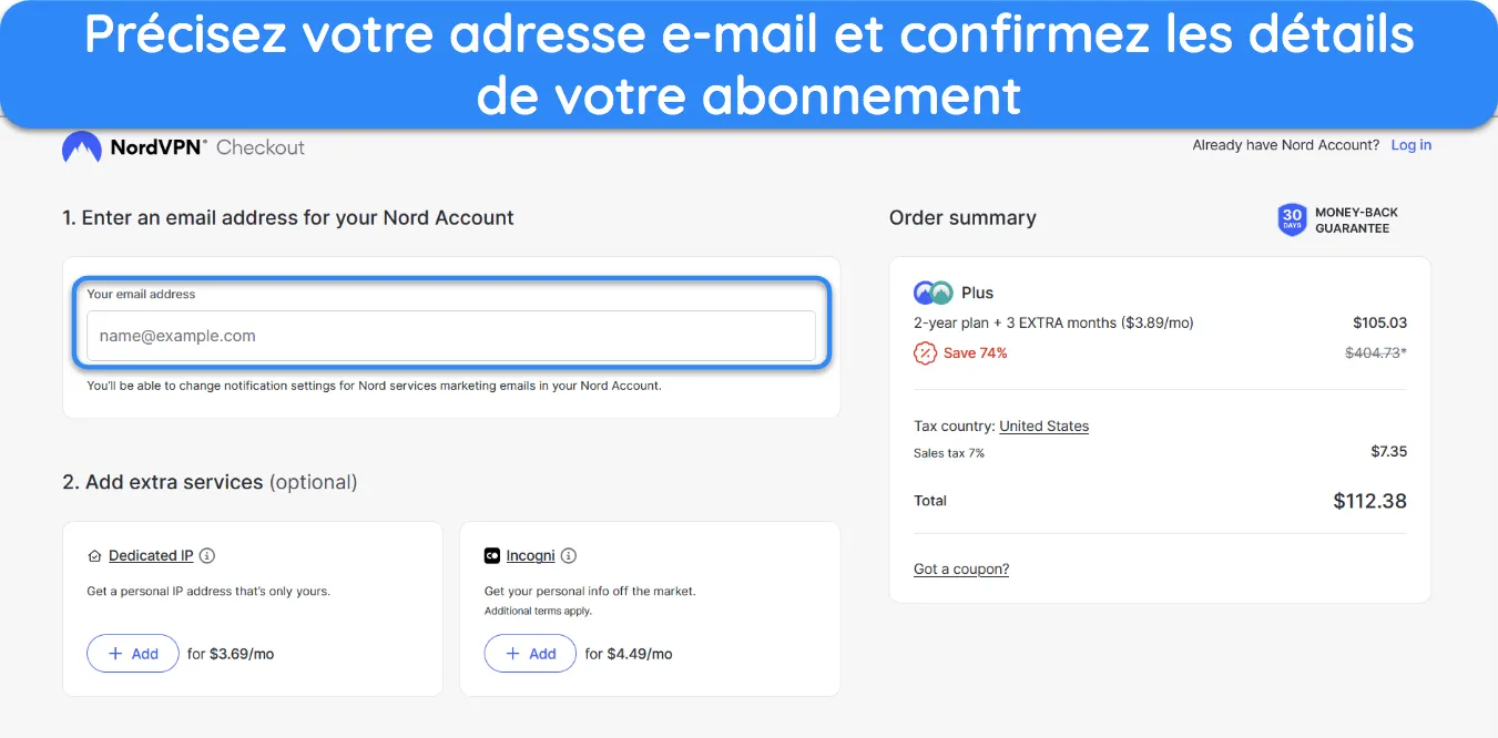 Capture d'écran montrant comment confirmer les détails de votre abonnement NordVPN.