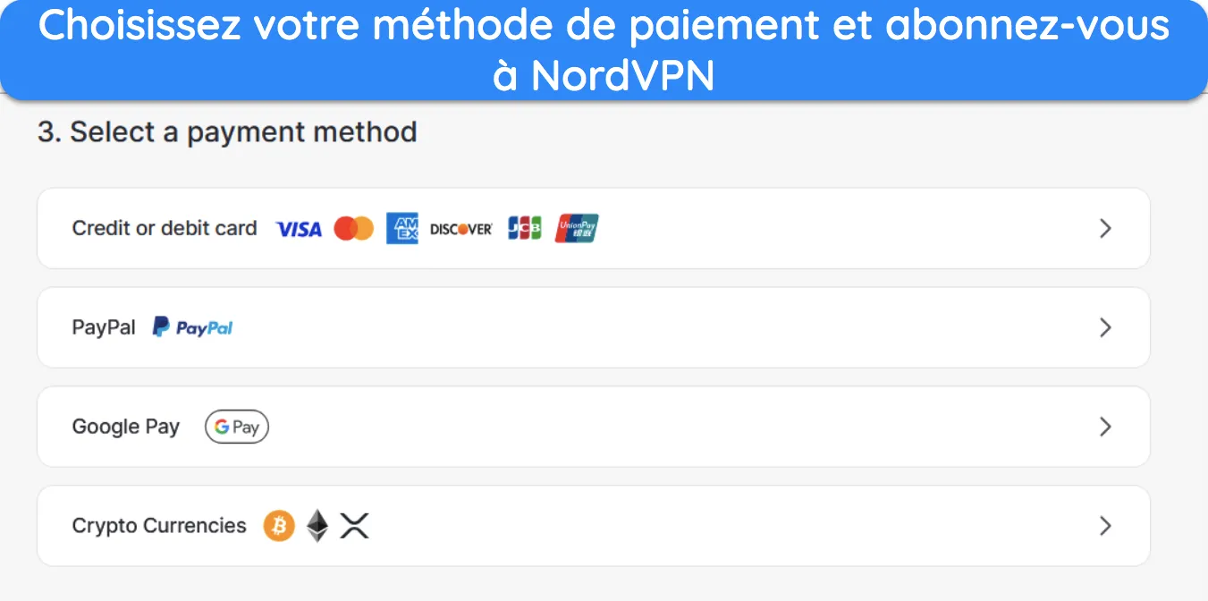 Capture d'écran montrant les différents modes de paiement disponibles pour NordVPN.