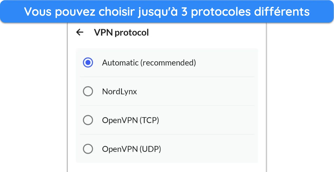 Capture d'écran montrant les protocoles disponibles dans l'application Android de NordVPN.