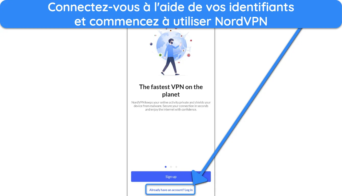 Capture d'écran montrant comment se connecter à l'application Android de NordVPN.