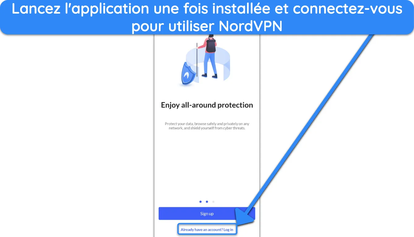 Capture d'écran montrant comment se connecter à l'application NordVPN après l'avoir téléchargée via un APK.