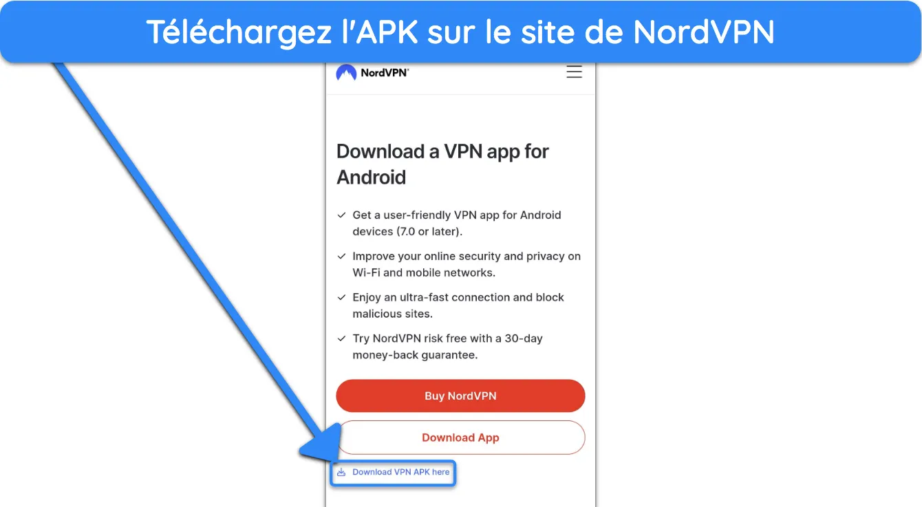 Capture d'écran montrant comment télécharger l'APK NordVPN depuis le site Web officiel.