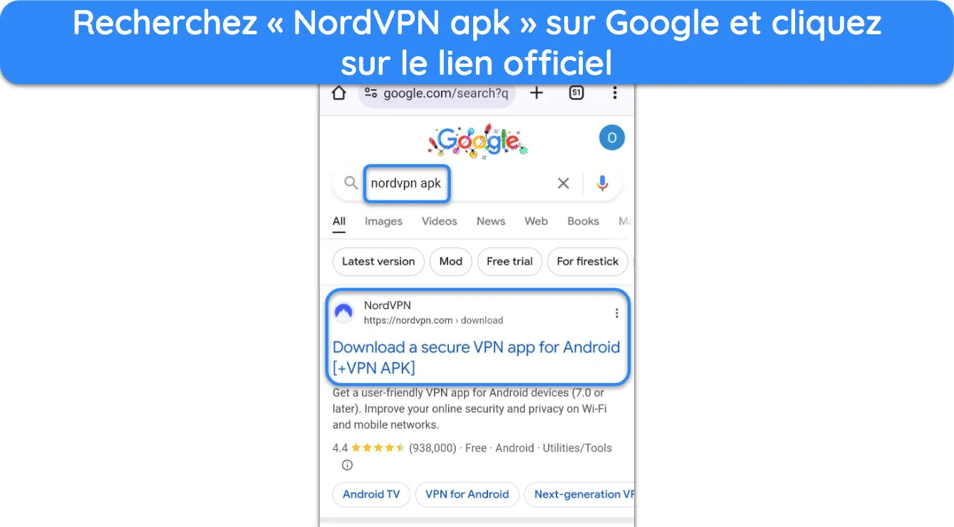 Capture d'écran montrant comment trouver le lien de téléchargement officiel de l'APK NordVPN.