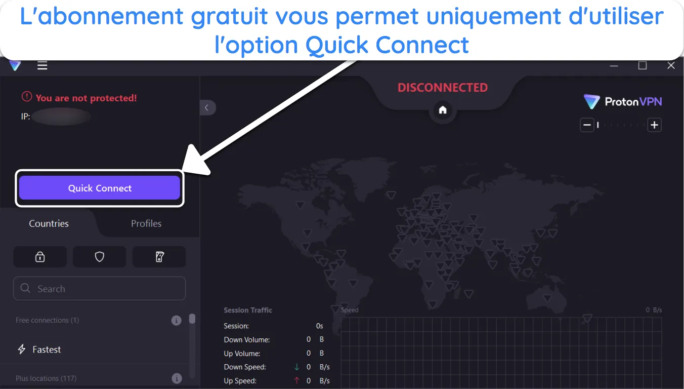 Capture d'écran montrant l'option Connexion rapide dans la version gratuite de Proton VPN.