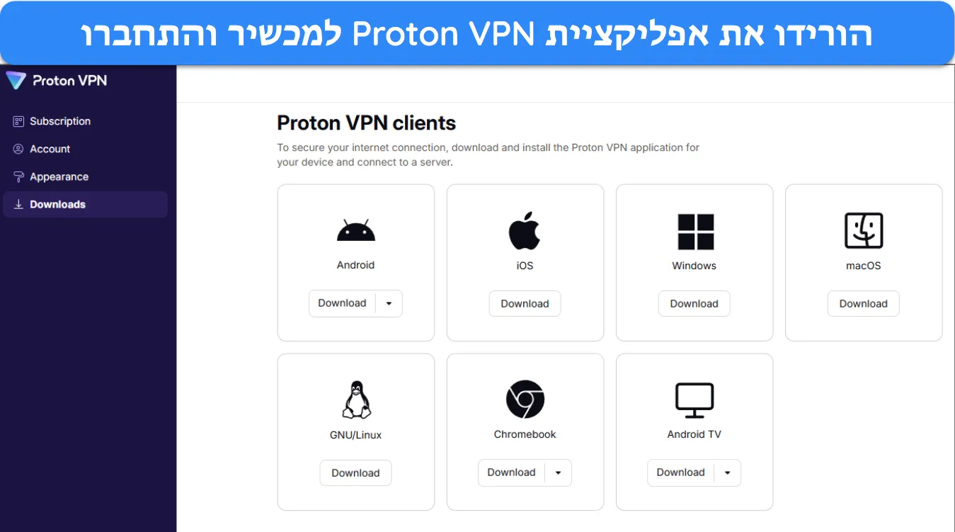 תמונה של דף חשבון Proton VPN המציגה את האפליקציות הזמינות להורדה למכשירים שונים.