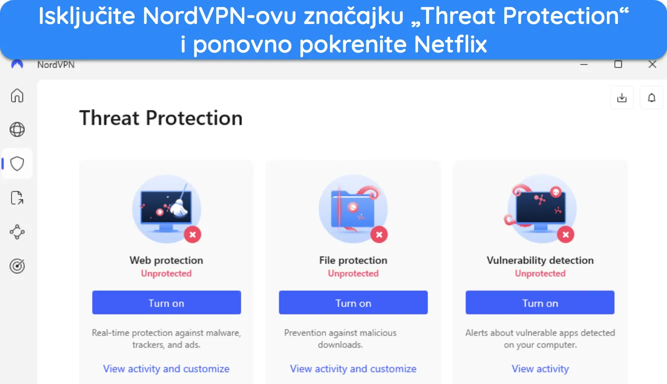 slika NordVPN-ove Windows aplikacije koja prikazuje značajku zaštite od prijetnji.