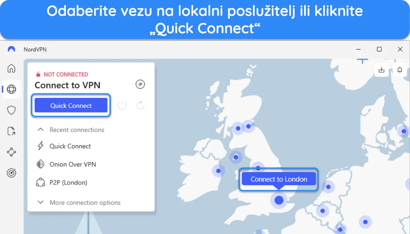 Snimka zaslona NordVPN-ove aplikacije za Windows, s naglaskom na vezu poslužitelja karte za London i gumb za brzo povezivanje.