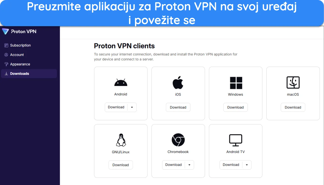 slika stranice Proton VPN računa koja prikazuje dostupne aplikacije za preuzimanje na različite uređaje.