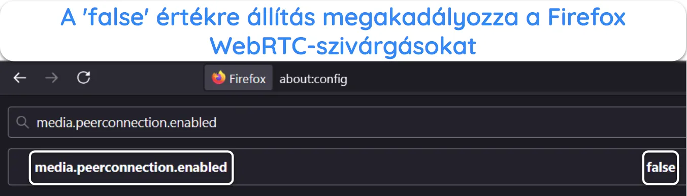 Képernyőkép, amely bemutatja a WebRTC letiltását a Firefoxban.