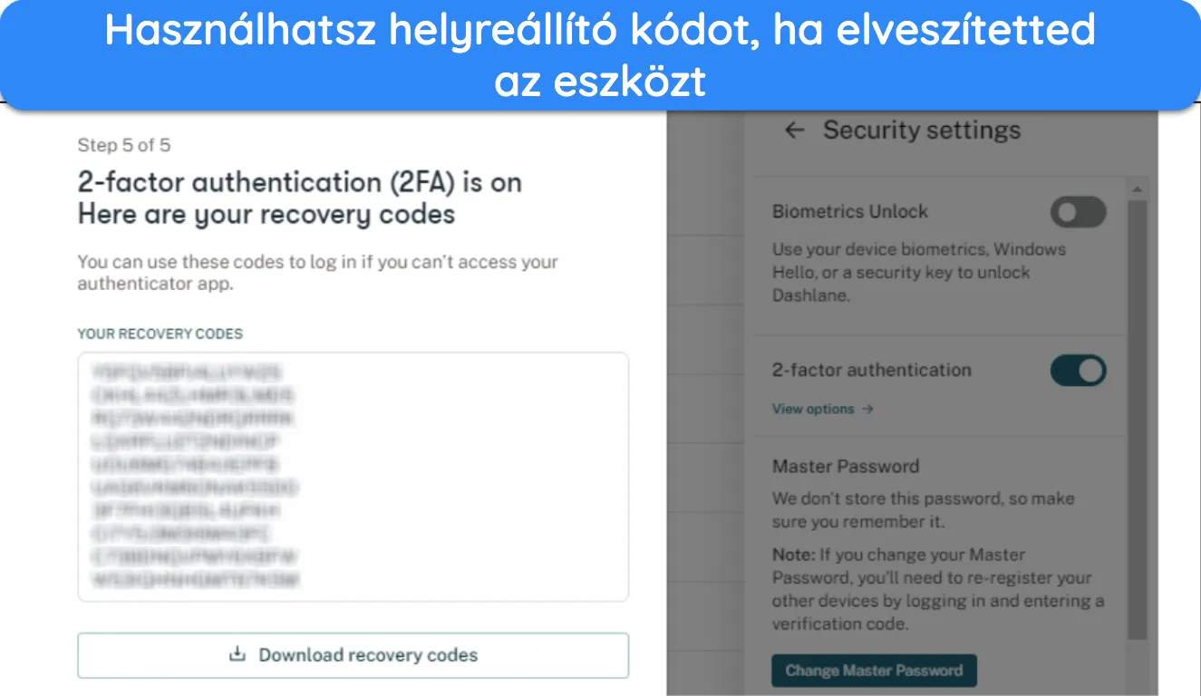 Képernyőkép a helyreállítási kódról a Dashlane kétfaktoros hitelesítésének beállítása közben.