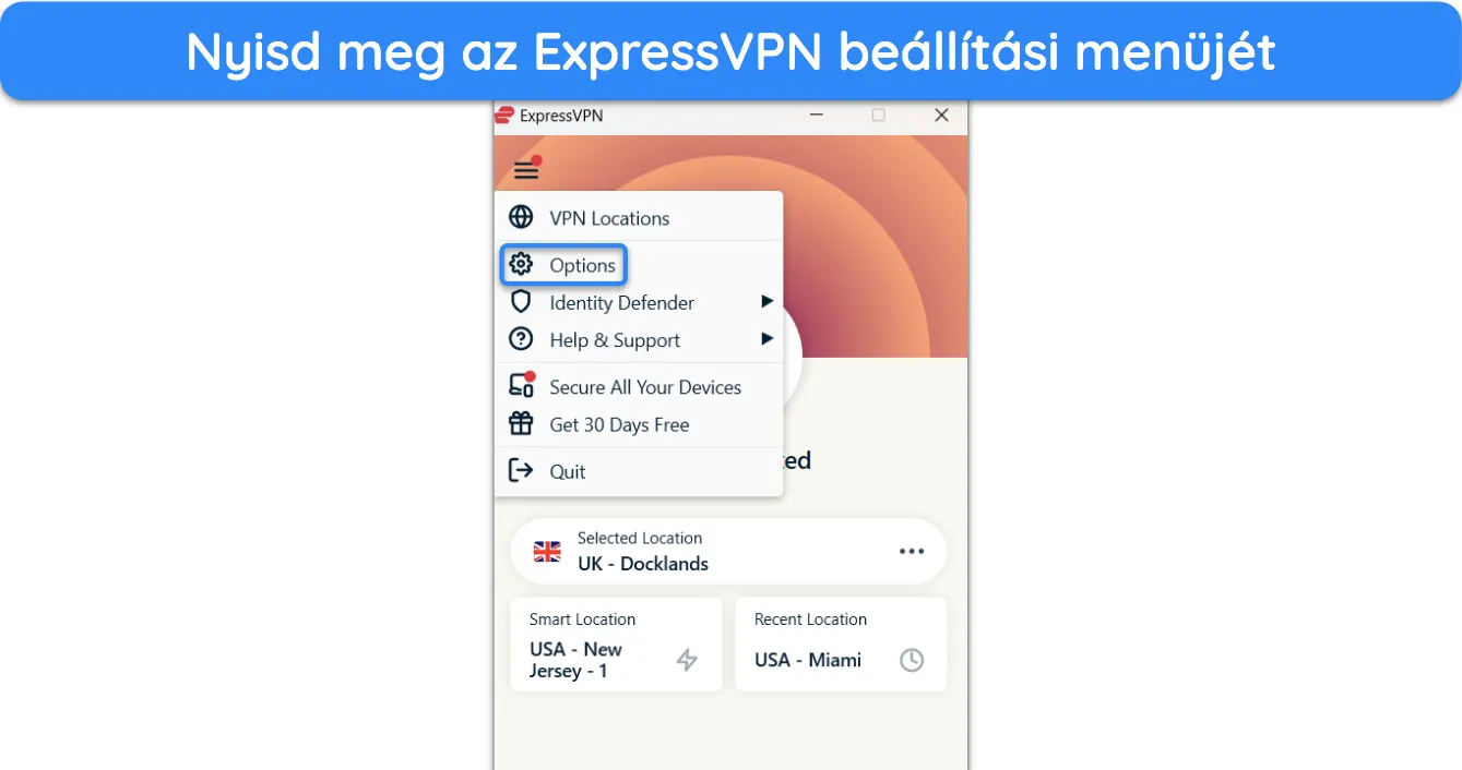 Képernyőkép, amely bemutatja, hogyan lehet elérni az ExpressVPN beállítási menüjét.