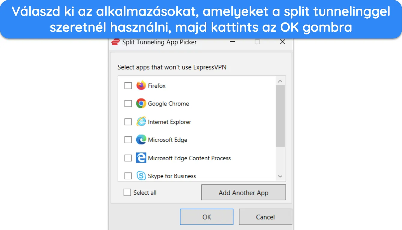 Képernyőkép, amely bemutatja, hogyan válasszunk alkalmazásokat az ExpressVPN osztott alagútjával.