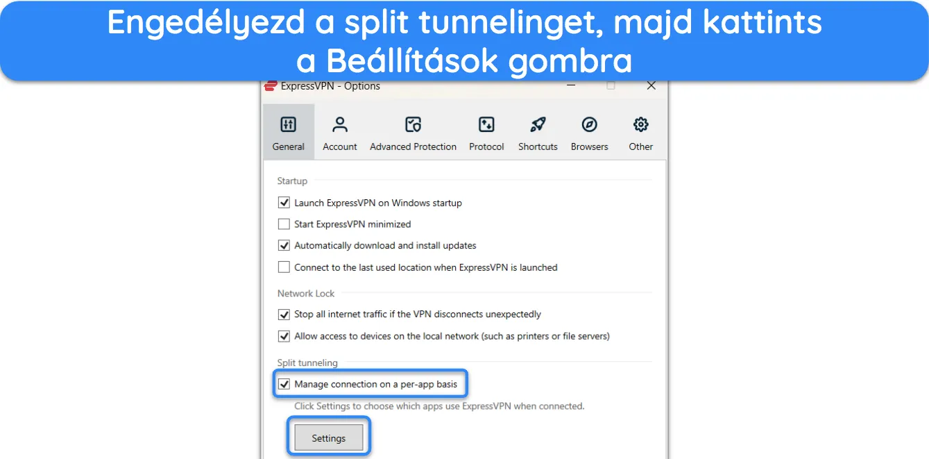 Képernyőkép, amely bemutatja, hogyan engedélyezhető az osztott alagút az ExpressVPN-ben.