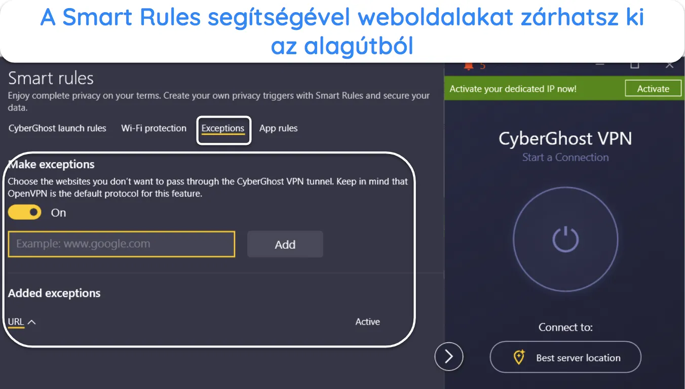 Képernyőkép, amely bemutatja, hogyan teszi lehetővé a CyberGhost webhelyek kizárását az intelligens szabályok funkciójával.