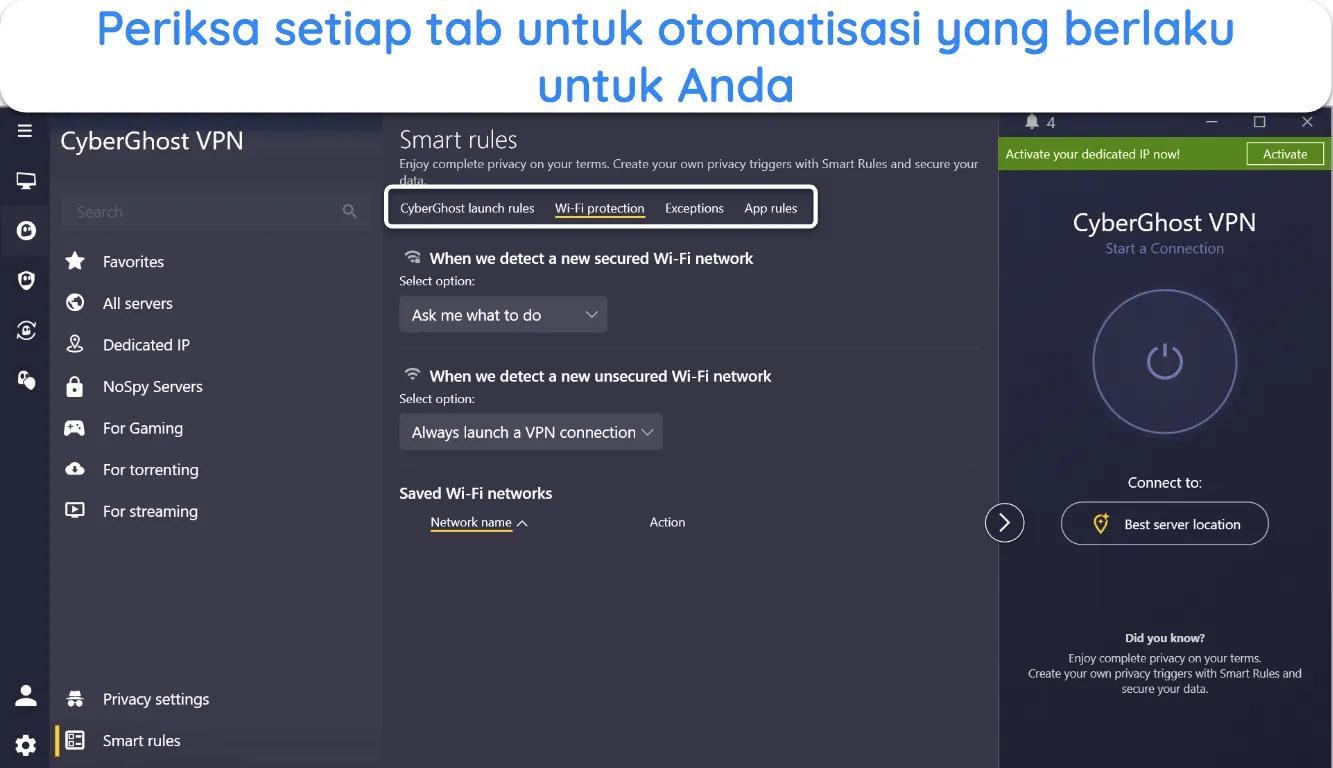 Cuplikan layar pengaturan Aturan Cerdas CyberGhost.