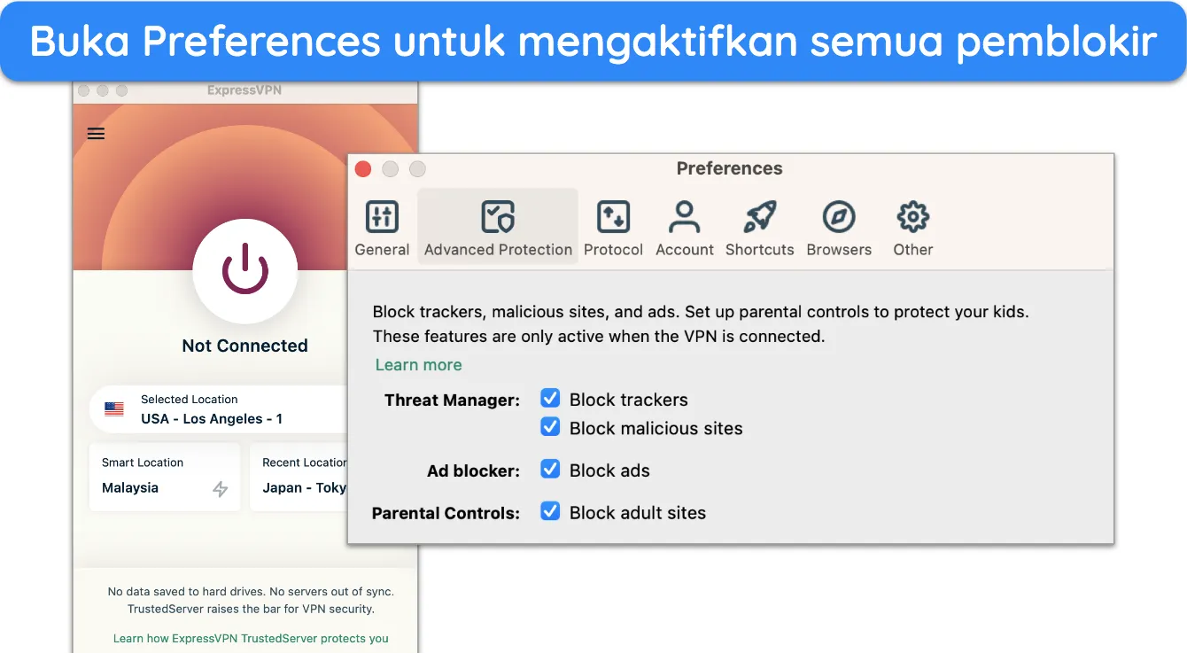 Cuplikan layar opsi Perlindungan Lanjutan ExpressVPN.