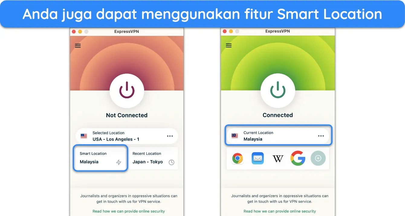 Cuplikan layar fitur lokasi cerdas ExpressVPN.