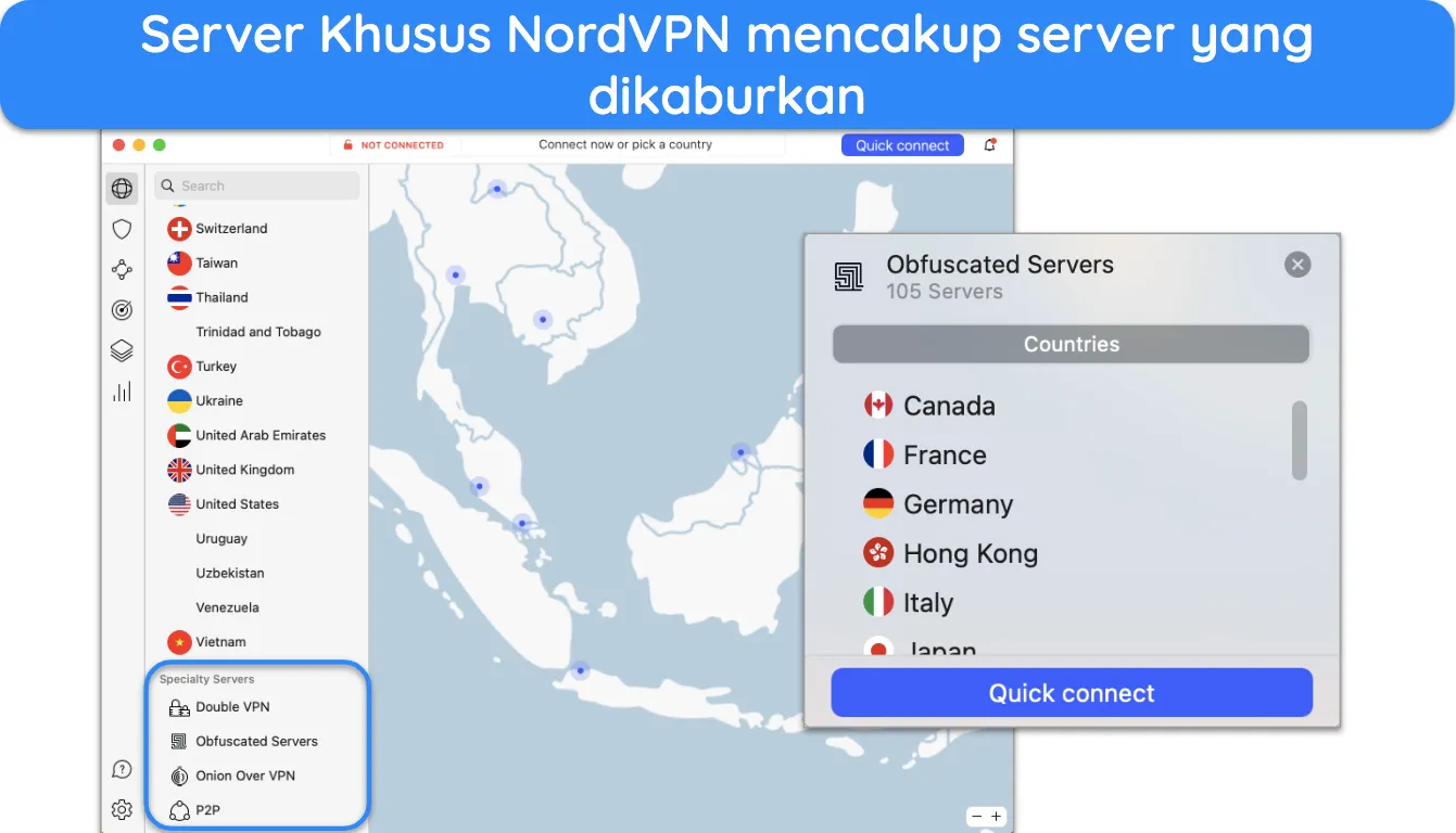 Cuplikan layar Server Khusus dan Server Tersamar NordVPN.