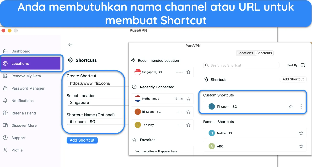 Cuplikan layar fitur pintasan khusus PureVPN.