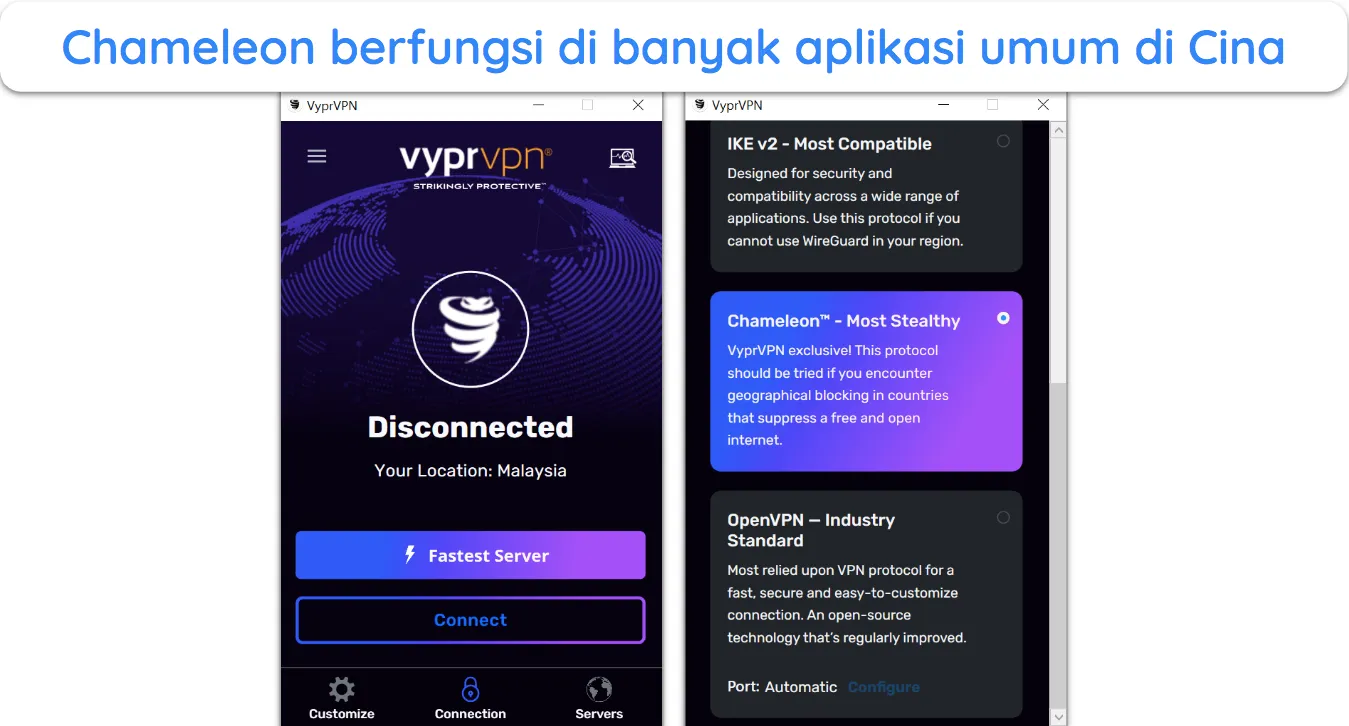 Cuplikan layar opsi protokol Chameleon VyprVPN dalam pengaturan.