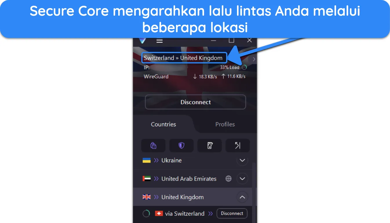 Cuplikan layar Koneksi Inti Aman pada aplikasi Proton VPN.