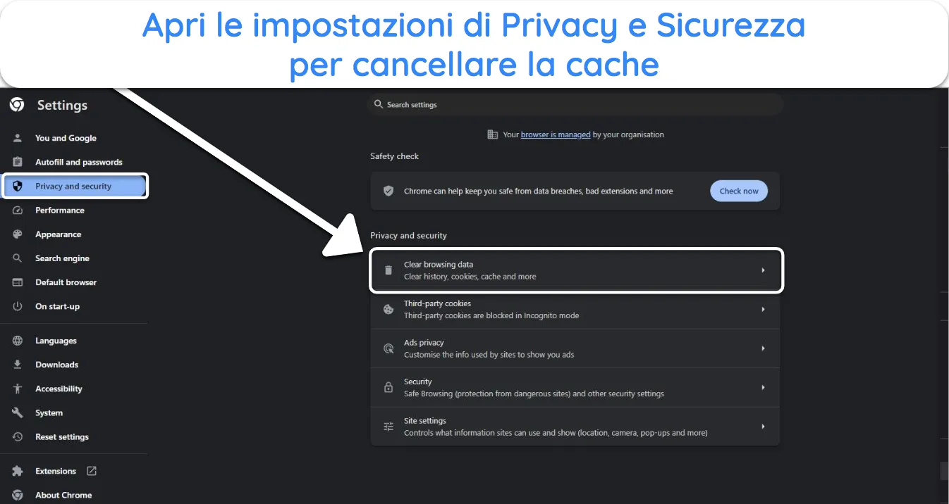 Immagine delle impostazioni di Privacy e sicurezza del browser Chrome, che evidenzia l'opzione per 