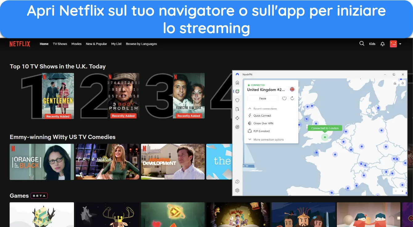 Immagine di Netflix UK in una finestra del browser con NordVPN connesso a un server di Londra-UK.