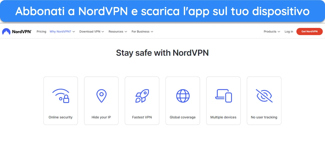 Screenshot della home page del sito web di NordVPN.