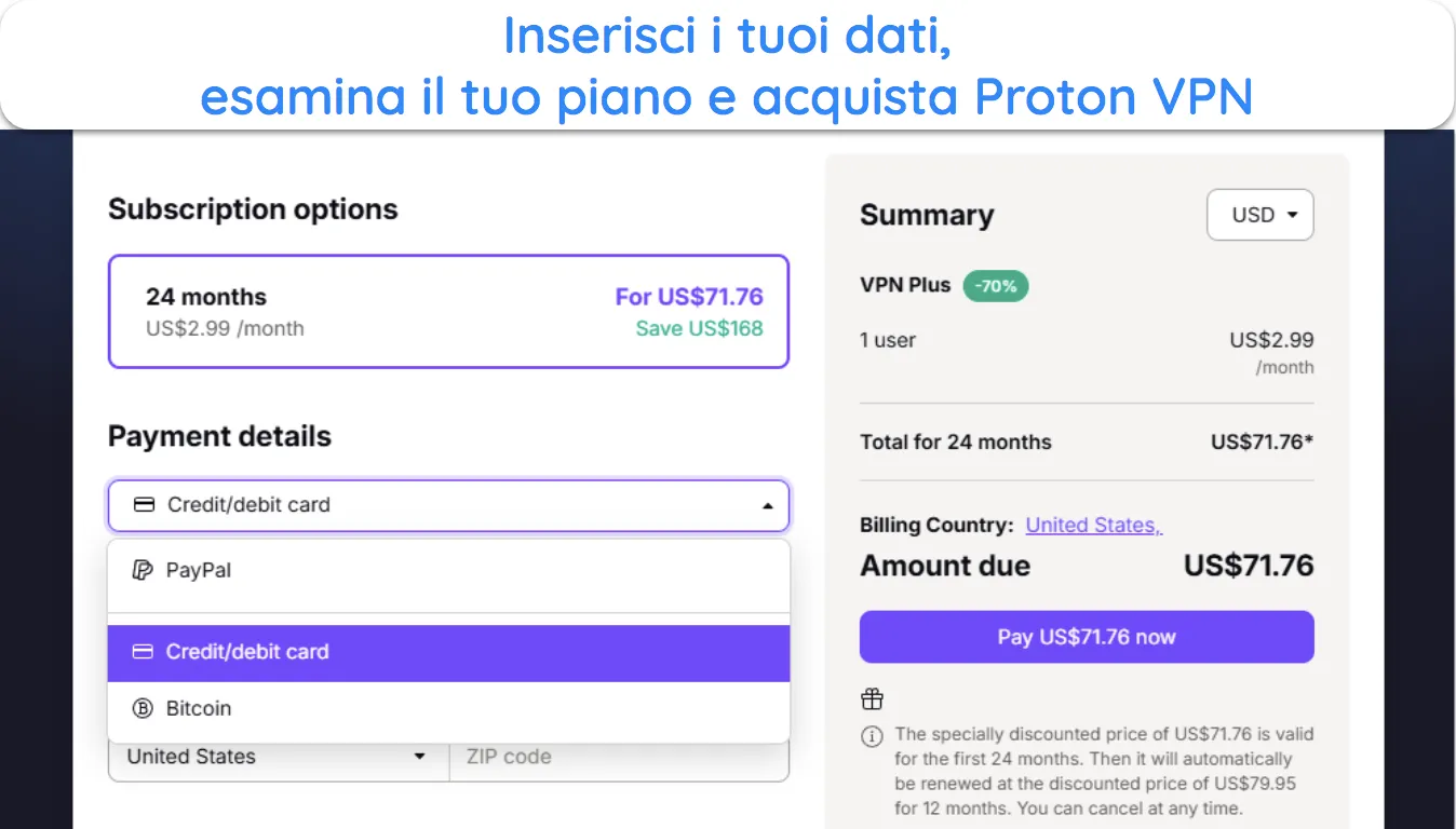 immagine del sito web di Proton VPN che mostra la recensione dell'abbonamento e le opzioni di pagamento.