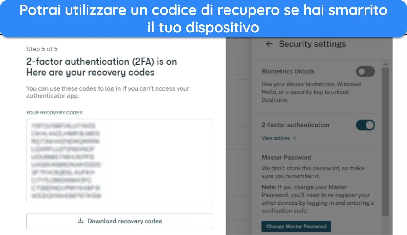 Schermata di un codice di recupero durante la configurazione dell'autenticazione a 2 fattori su Dashlane.