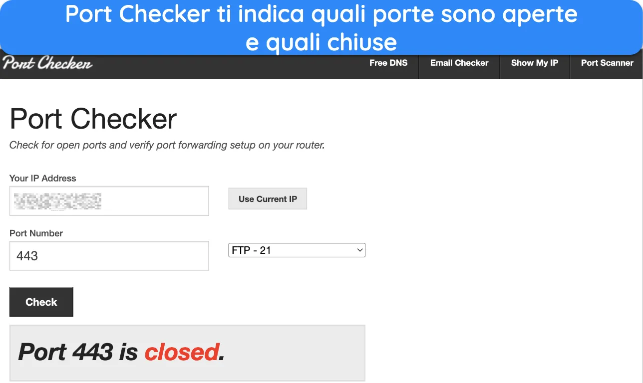 Screenshot dello strumento Port Checker che mostra la porta numero 443 come chiusa.