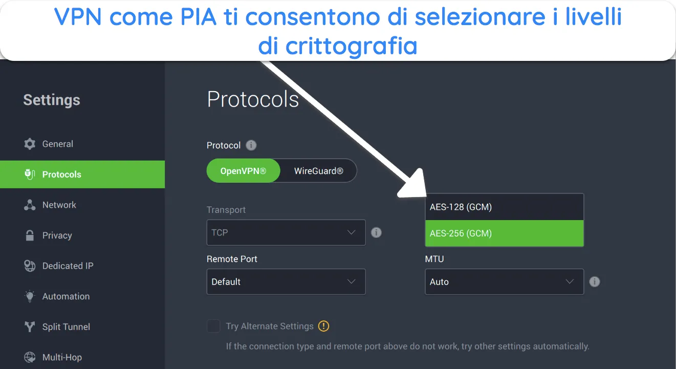 Screenshot di come passare dalla crittografia a 128 bit a quella a 256 bit su PIA.