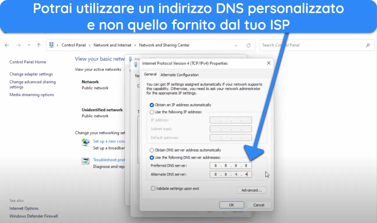 Screenshot di come usare un indirizzo DNS personalizzato su Windows.