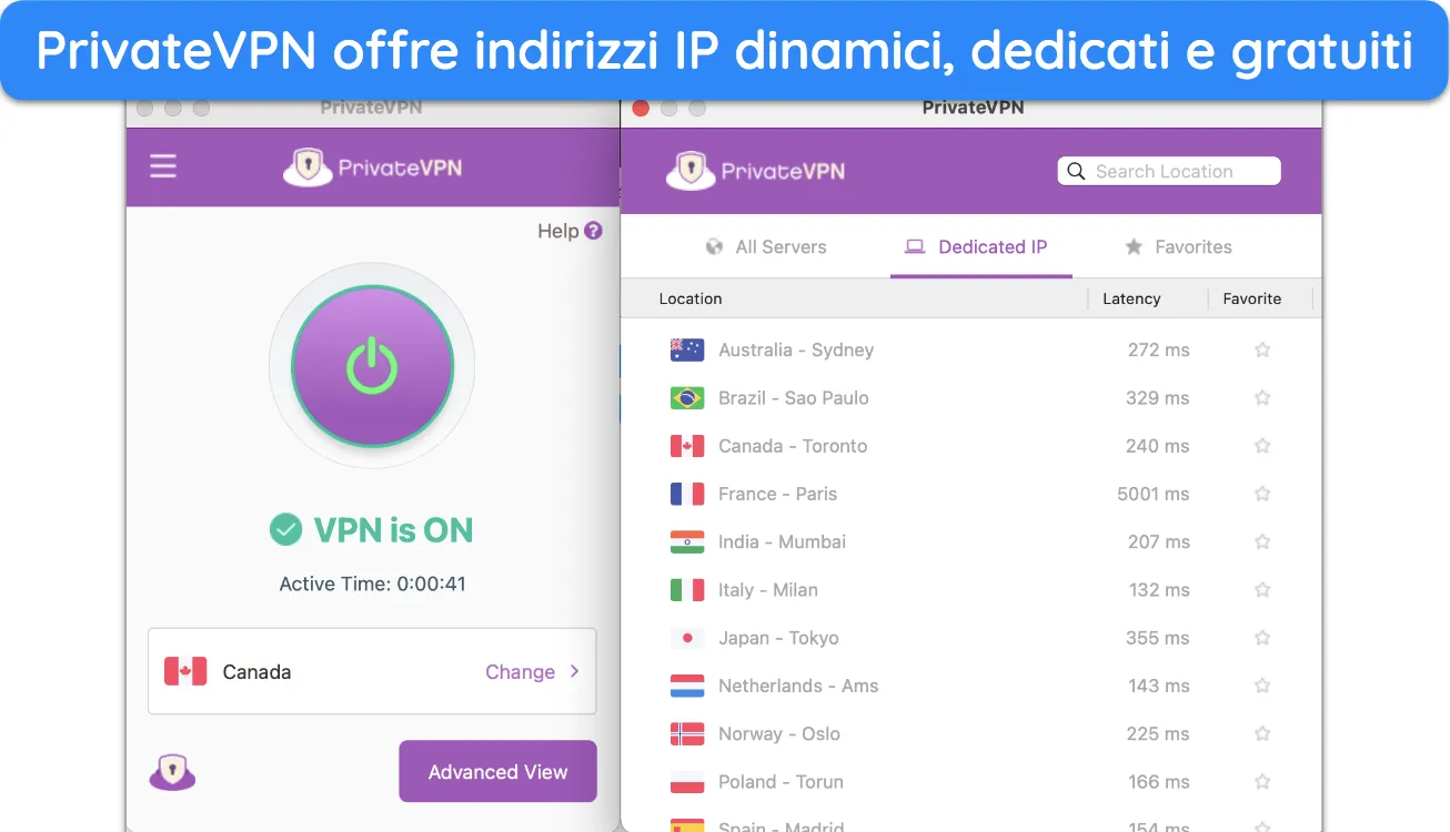 Screenshot dei server IP dedicati di PrivateVPN