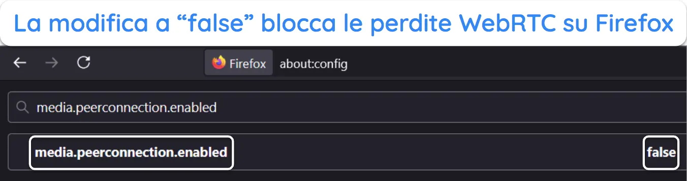 Screenshot che mostra come disabilitare WebRTC in Firefox.