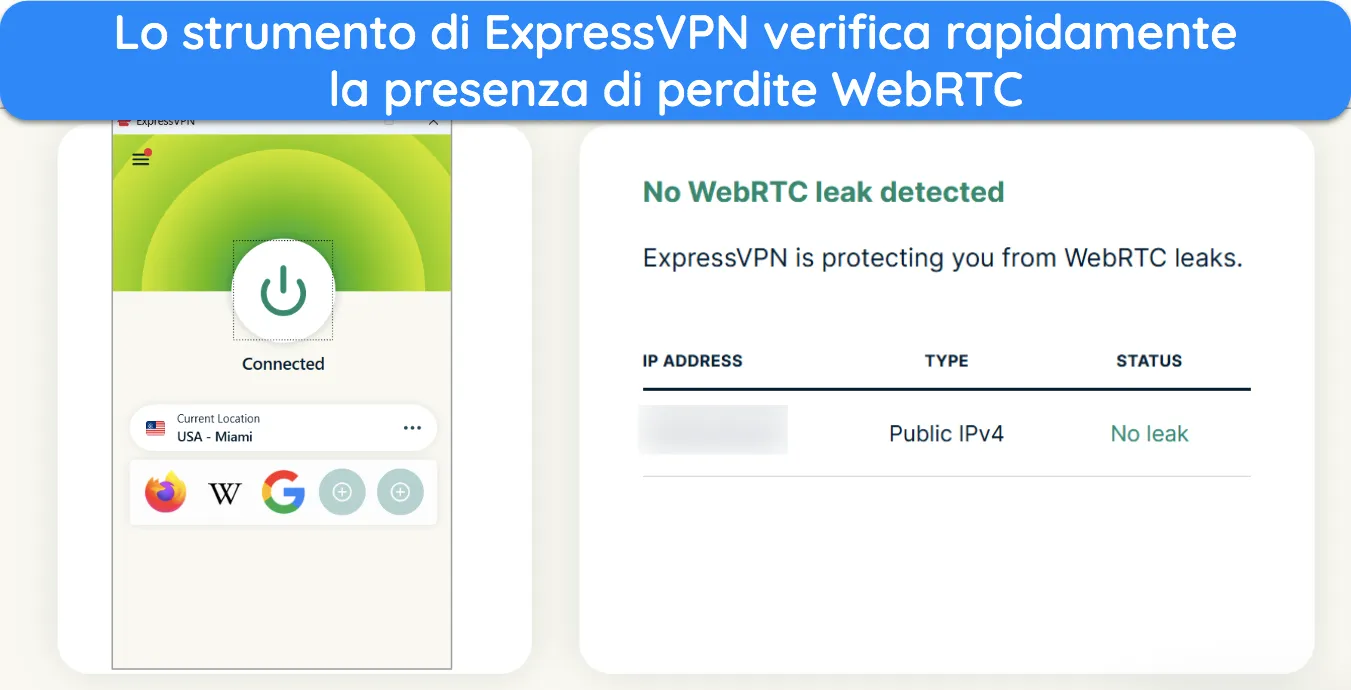 Screenshot che mostra i risultati dello strumento di test di perdita WebRTC di ExpressVPN.