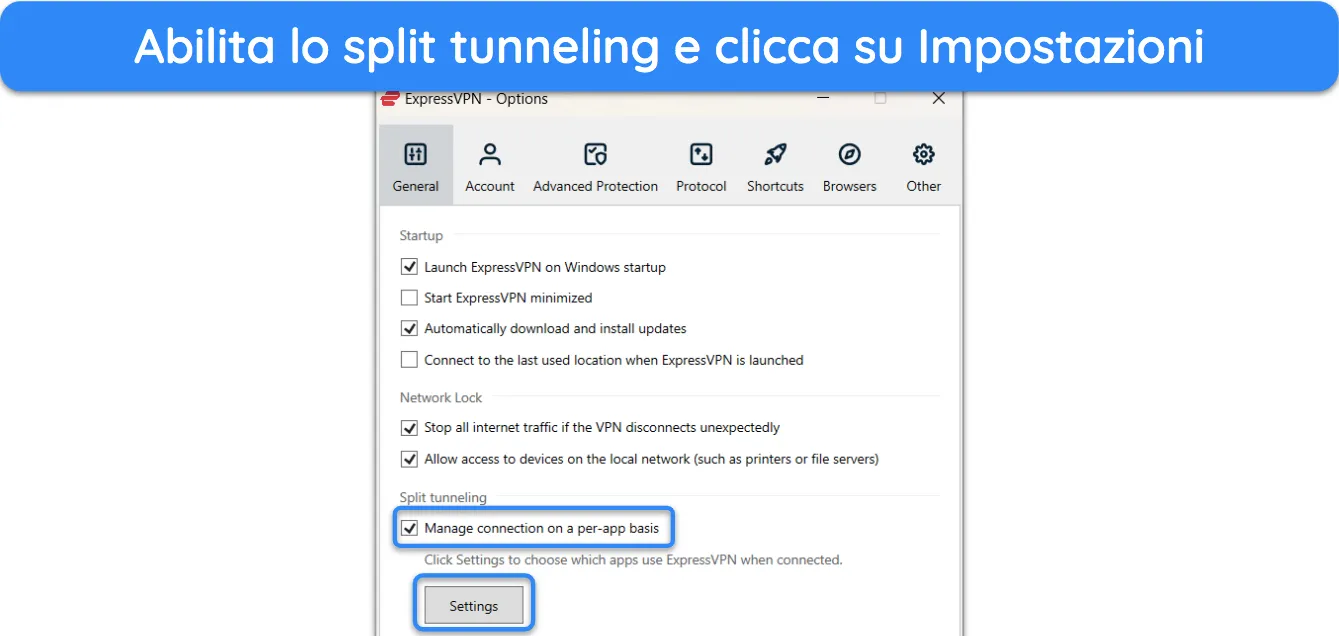 Screenshot che mostra come abilitare lo split tunneling in ExpressVPN.