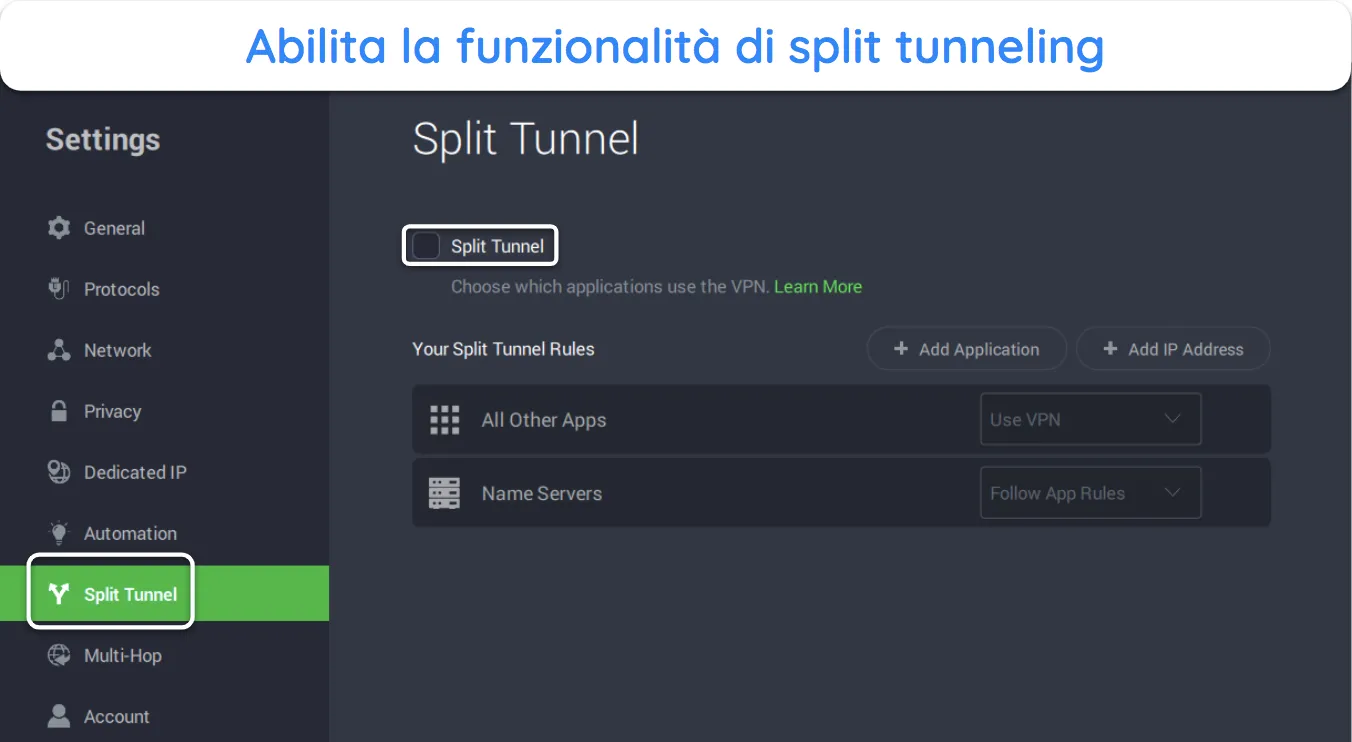 Screenshot che mostra come abilitare lo split tunneling in PIA.