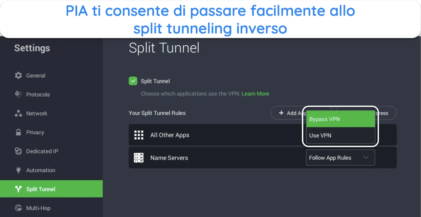 Screenshot che mostra come puoi scegliere tra i tipi di split tunneling nelle app di PIA.