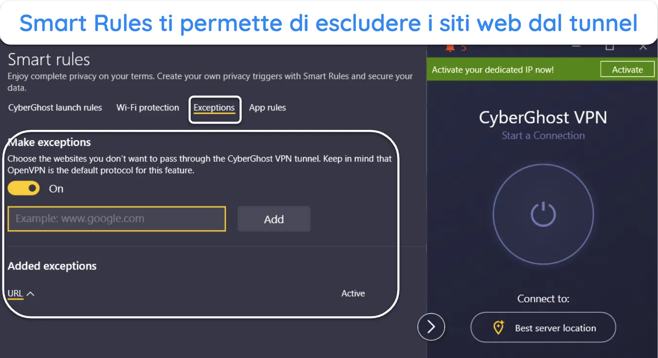 Screenshot che mostra come CyberGhost ti consente di escludere siti Web con la sua funzionalità Smart Rules.