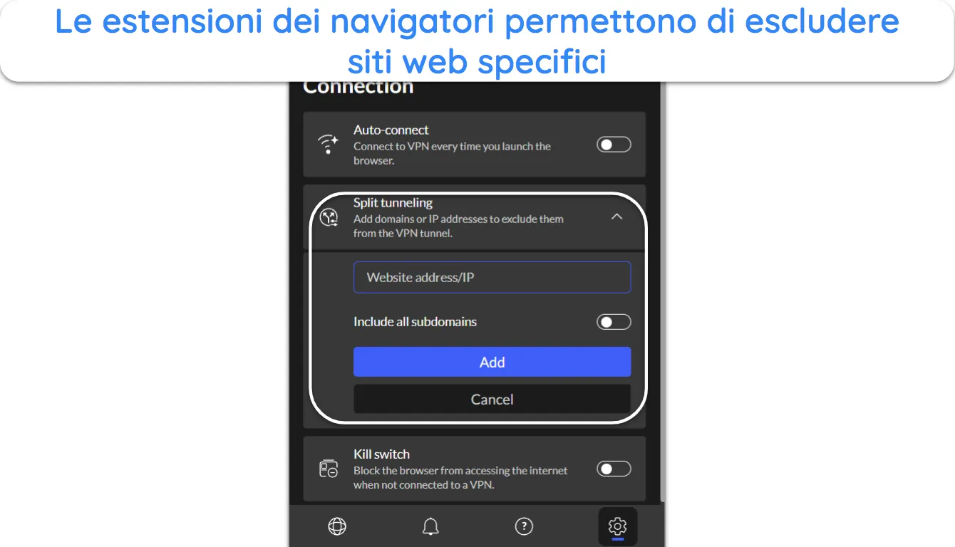 Screenshot che mostra la funzionalità di split tunneling nell'estensione del browser di NordVPN.