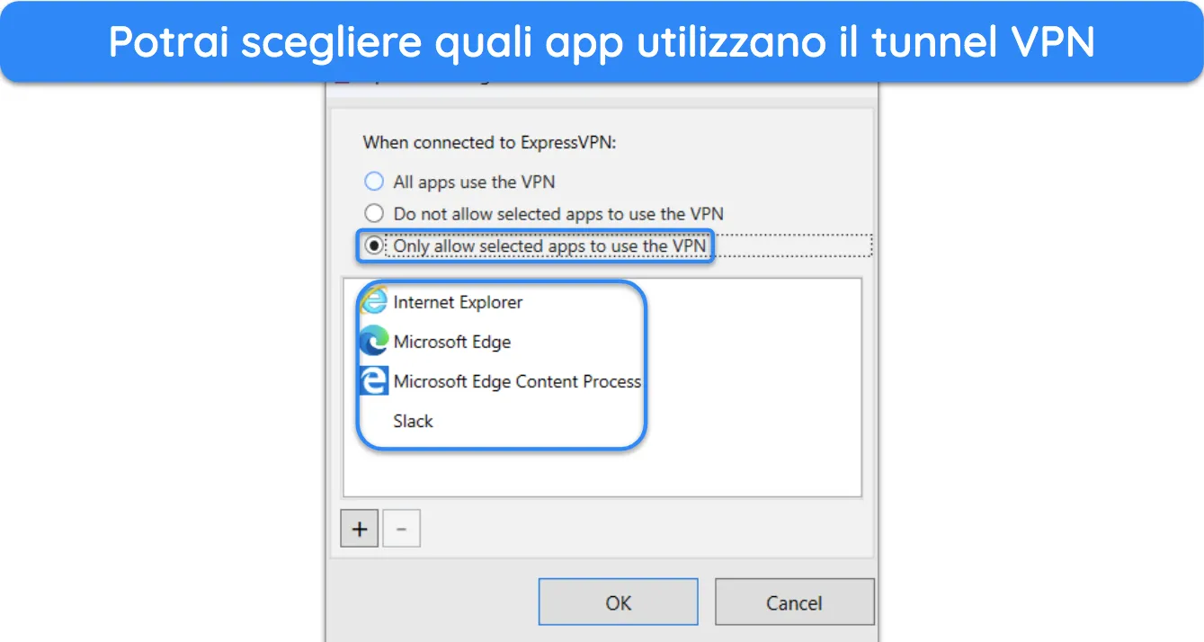 Screenshot che mostra come usare lo split tunneling inverso in ExpressVPN.