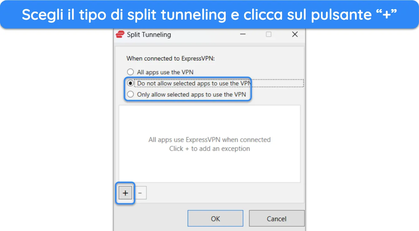 Screenshot che mostra come scegliere il tipo di split tunneling in ExpressVPN.