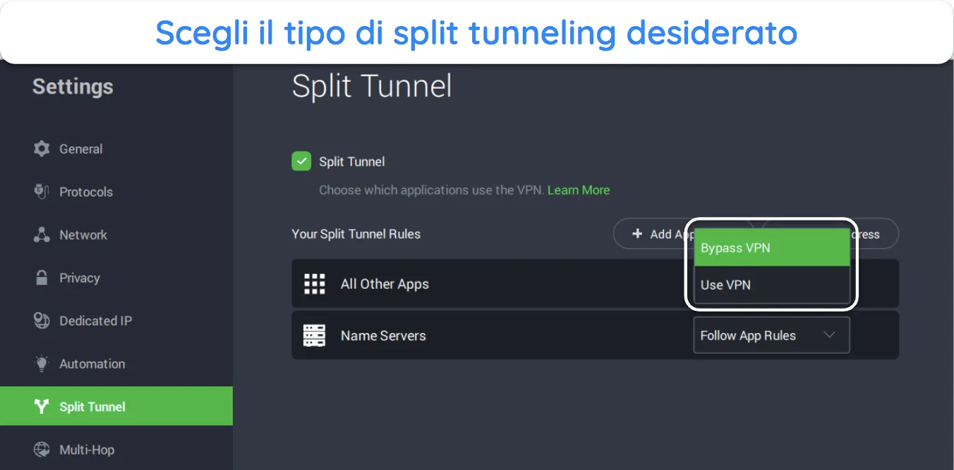 Screenshot che mostra come scegliere il tipo di split tunneling in PIA.